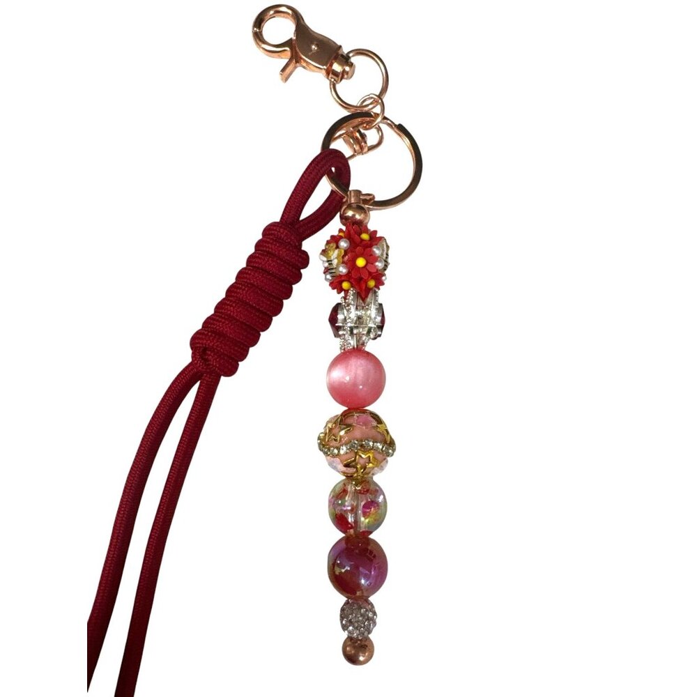 Handcrafted Beaded Keychain With Red Cord & Multicolor Charms For Accessories Or